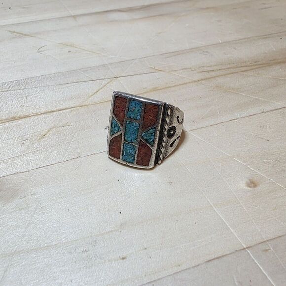 Sterling Silver Turquoise And Coral Inlay Brutalist Statement Ring Solid Back - Picture 1 of 11